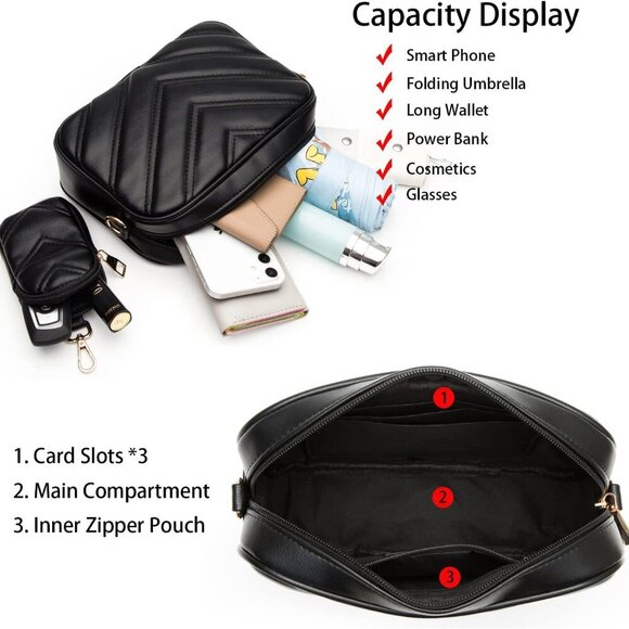 Chevron Quilted Small Crossbody Bag with Coin Purse Pouch, Women Square Camera S - Picture 5 of 8